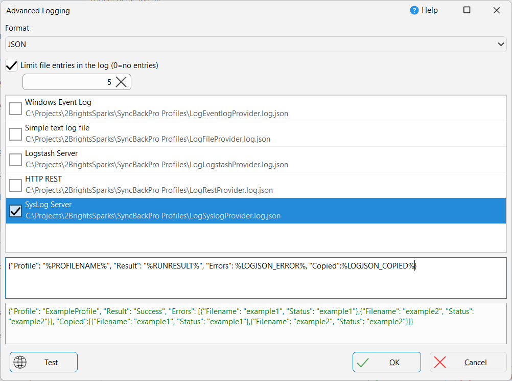 The Advanced Logging settings page in SyncBackPro, with the JSON format selected, the file entry limit set to 5, and the SysLog Server logging system enabled