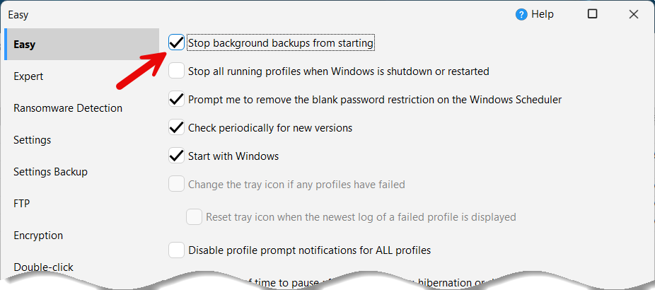 Global Settings window showing Stop background backups for starting setting