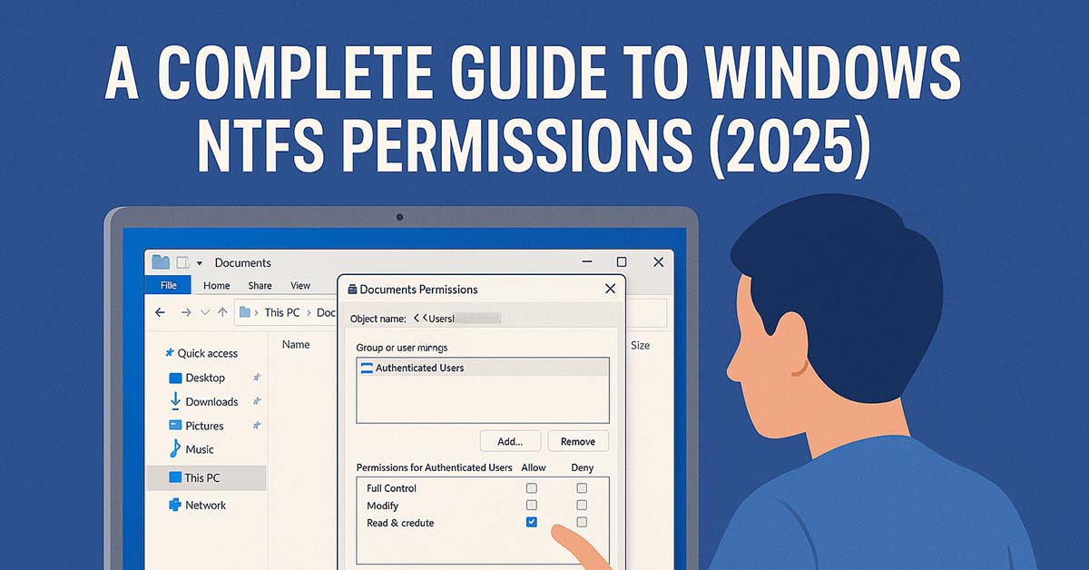 Illustration of a user changing Windows NTFS permissions.