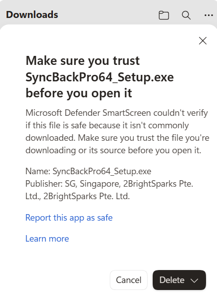 The Microsoft Edge 'Make sure you trust this file before you open it' message, showing the publisher as 2BrightSparks Pte. Ltd. and a Delete button with a small arrow that reveals a Keep option